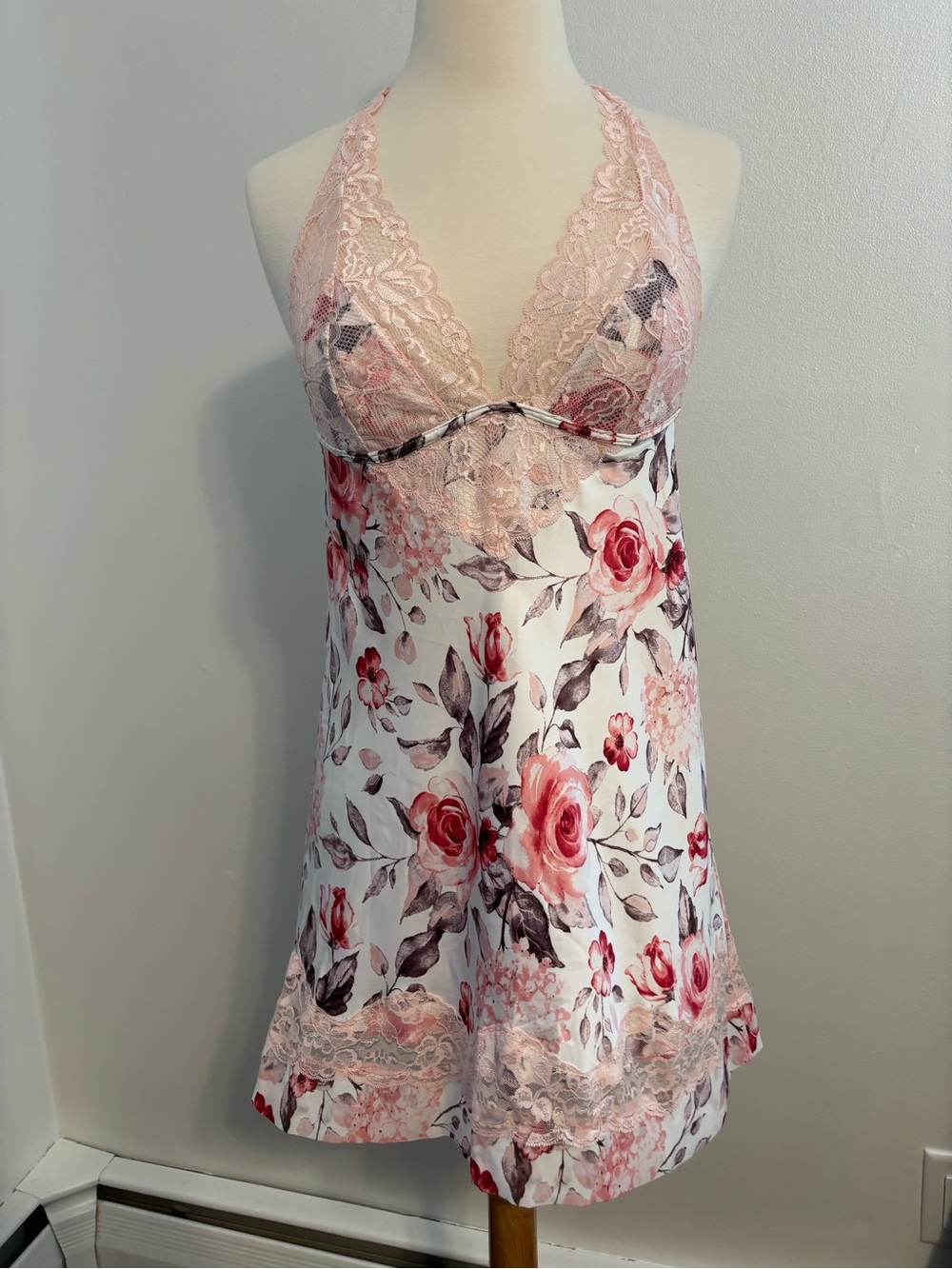 Floral Lace Halter Chemise in Pink and White